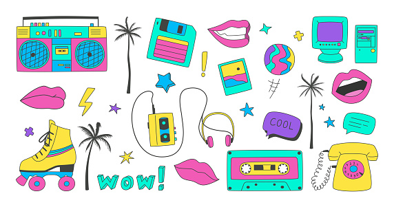 Set of doodles elements of the 90s. Hand-drawn illustration with isolated gadgets, cassettes, accessories and objects on white background.