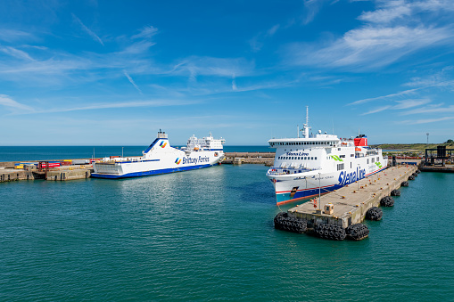 Fishguard, Wales, UK. Saturday 6 August 2022. Stena Line and Brittany Ferries docked in Fishguard in Wales.