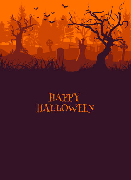 ilustraciones, imágenes clip art, dibujos animados e iconos de stock de antiguo cementerio de fondo de halloween, tarjeta de felicitación - halloween