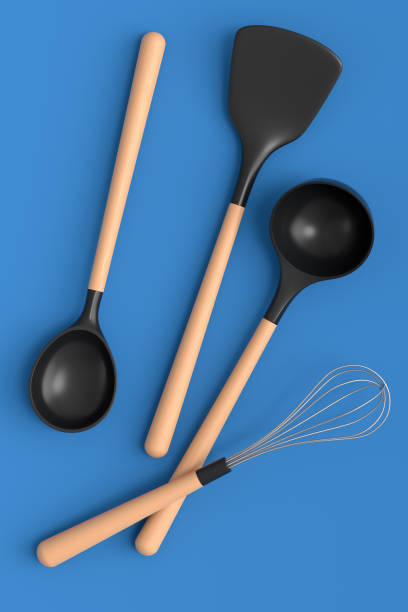 istock Wooden kitchen utensils, tools and equipment on blue background. 1415003632