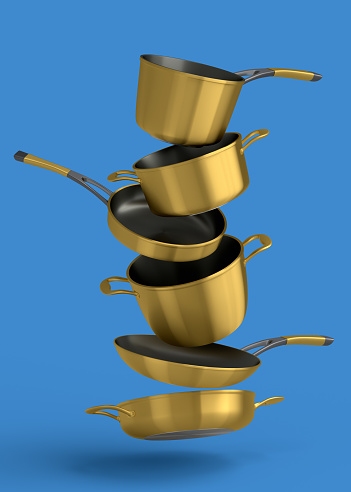 Set of flying stainless steel stewpot, frying pan and chrome plated aluminum cookware on blue background. 3d render of non-stick kitchen utensils