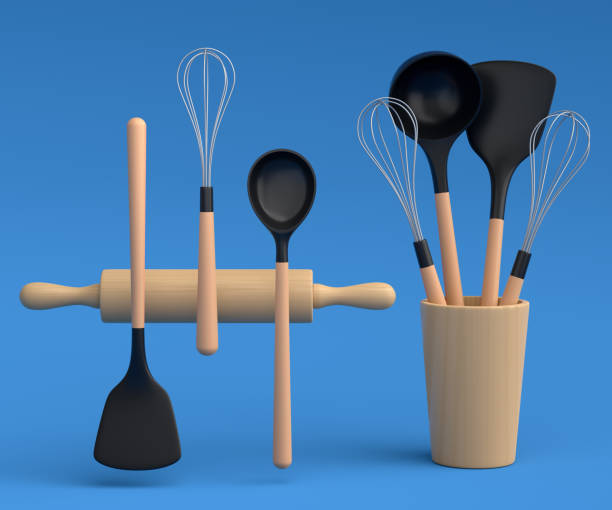 istock Wooden kitchen utensils, tools and equipment on blue background. 1415003839