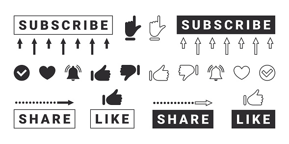 Subscribe buttons and notification bells. Social media interface icons. Message bell icons. Vector illustration