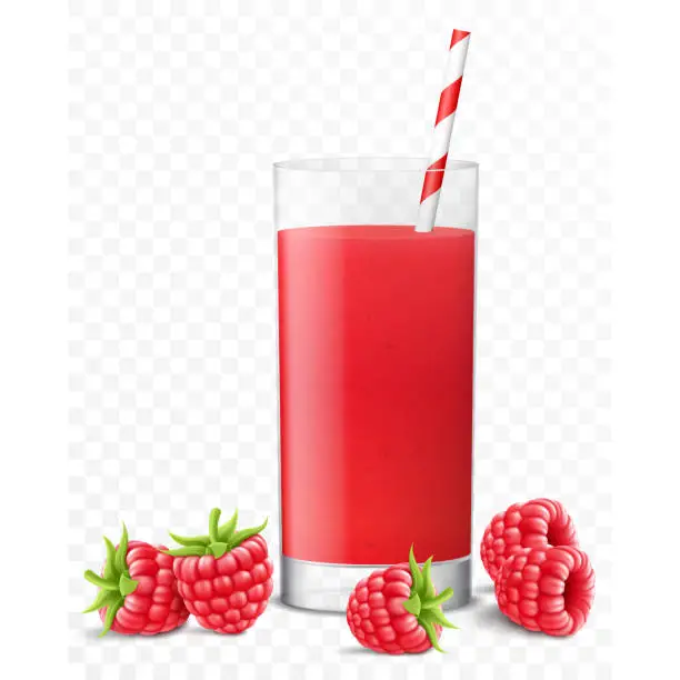 Vector illustration of Glass of fresh raspberry juice with berries and striped straw for cocktails, isolated on transparent background. Smoothies of raspberry. Realistic 3d vector illustration for advertising your products drinks in restaurants and cafes.