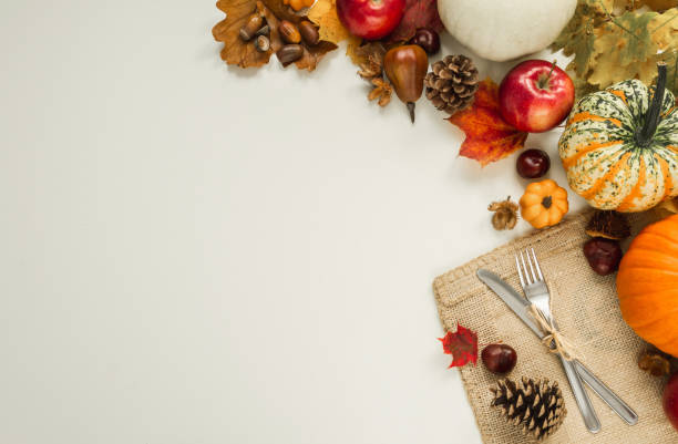 composizione piatta autunnale con spazio di copia su sfondo bianco. - thanksgiving table setting autumn foto e immagini stock
