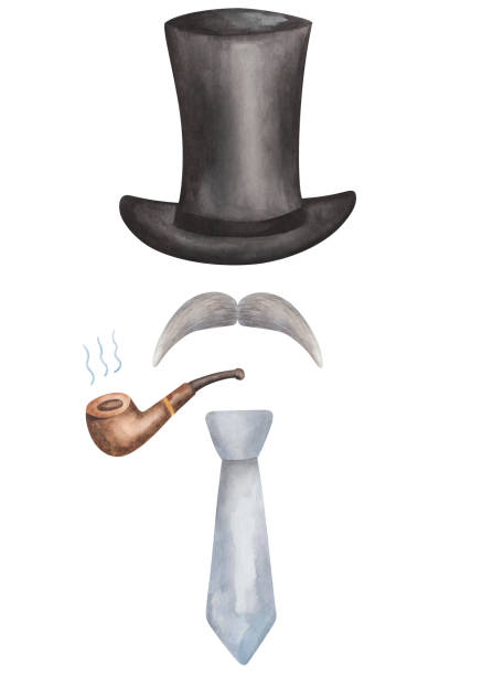 ilustraciones, imágenes clip art, dibujos animados e iconos de stock de ilustración en acuarela de sombrero de copa negro pintado a mano, cilindro de caballero, pipa de fumar marrón, corbata de cuello gris, bigotes. silueta de hombre. imágenes prediseñadas aisladas para postales de felicitación, tarjetas de visita - pipe smoke smoking smoking issues