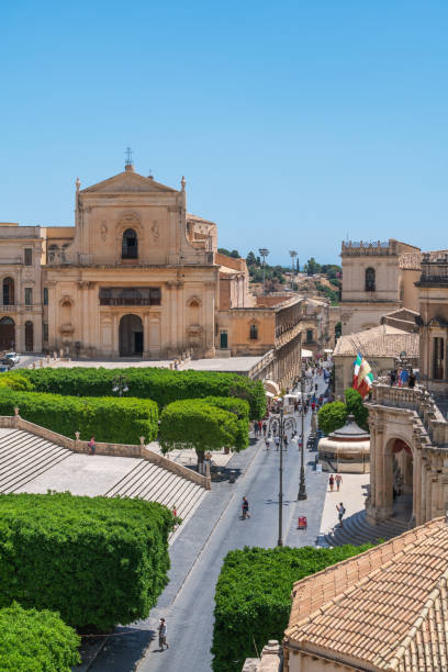 Noto in Sicily, Italy High angle scenery around Noto Cathedral in a city named Noto located at Sicily in Italy noto sicily stock pictures, royalty-free photos & images