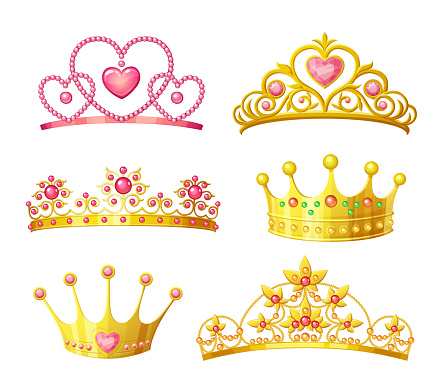 Fantasy style pink and gold tiara vector icons collectiion. Set of queen or princess elegant crowns isolated on white background