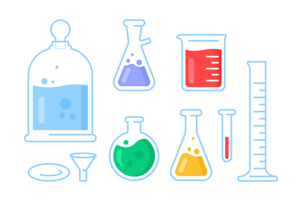 Set of laboratory glass modern icon. Set of laboratory glass modern icon. Different types of lab flask icons with liquid. laboratory glassware stock illustrations