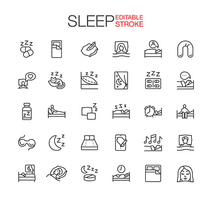 Healthy Sleep icons. Editable Stroke. Vector illustration.