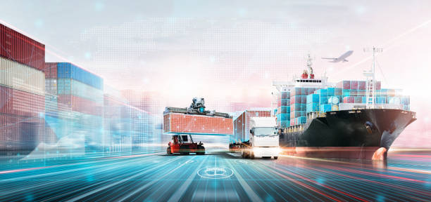 Smart Logistics Digital Marketing Technology Concept, Double Exposure Polygon Wireframe of Container Cargo Freight Ship, Plane, Truck, Growth Graph, Modern Future Import Export Transport Background concepto de tecnología de marketing digital de logística inteligente, estructura metálica de polígono de doble exposición de buques de carga de contenedores, avión, camión, gráfico de crecimiento, futuro moderno fondo de transporte de exportación