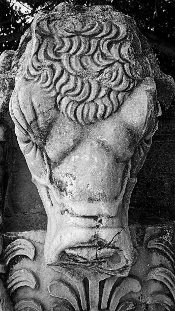 A close-up shot of a stone from the ruins of a temple in Aegean Turkey. The scukpture is a detailed bull head from the front