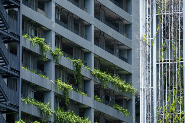 Exterior unidentify modern building facade with green vertical garden on corridor sustainability architecture business design concept.