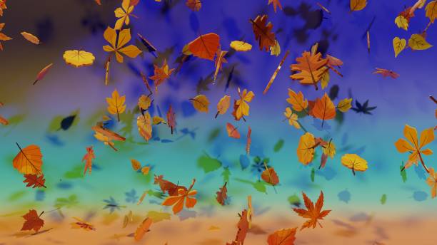 istock 3D rendering. Lots of 3D modeled leaves falling from a tree with a blue, green and orange colored background. Falling autumn leaves for the season of the year. 1415018496