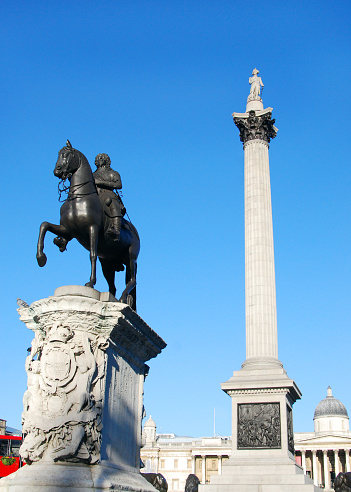 Looking at statues and monuments at Trafalgar Square in London, England.