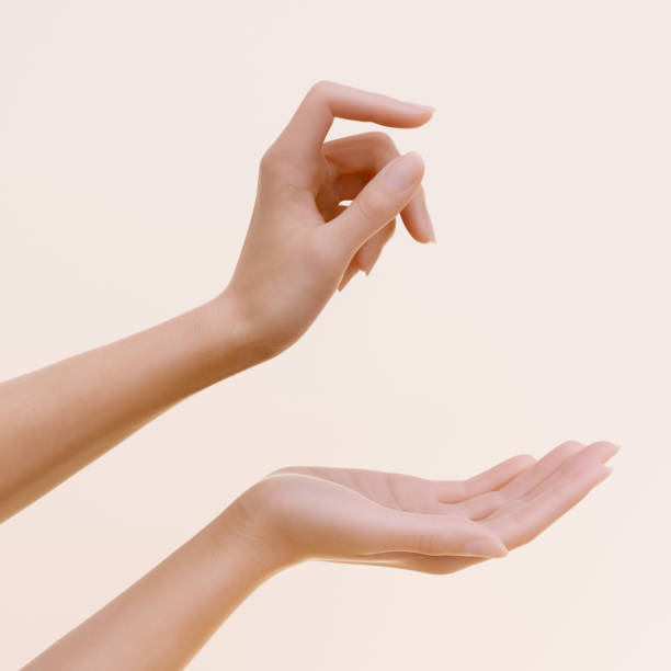 istock Beauty product presentation hands pose, drip into the palm to apply cosmetics, 3d rendering 1415027415
