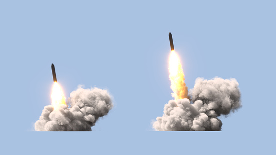 Ballistic rocket launch on blue background 3d illustration