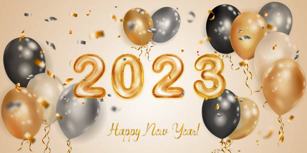 istock Festive Christmas illustration with foil balloons numbers 2023 1415029709