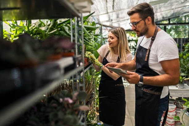 istock Workers using a digital tablet in a garden center arranging potted plant shelf 1415030850