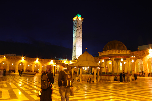 Aleppo, Syria - March 18, 2011: Aleppo Great Mosque of Umayyad Mosque, one of the important places of worship in the city of Aleppo before it was damaged in the Syrian war.