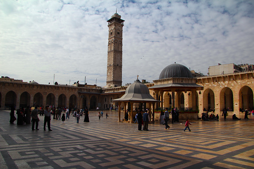 Aleppo, Syria - March 18, 2011: Aleppo Great Mosque of Umayyad Mosque, one of the important places of worship in the city of Aleppo before it was damaged in the Syrian war.