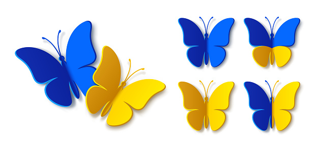 Blue yellow monarch butterfly silhouette with shadow. Modern vector 3d graphic illustration. Patriotic concept is perfect for Ukraine patriot sticker, icon, social media and decoration design