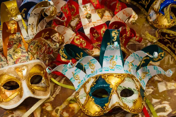 Colorful venetian masks. Traditionale souvenirs and craft from Venice, Italy