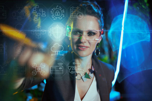istock stylish female pressing button in air in virtual reality 1415036544