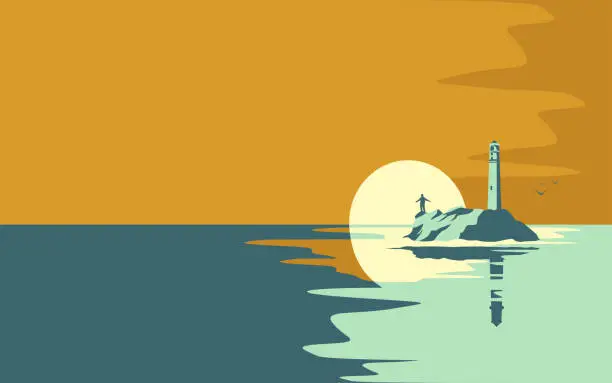 Vector illustration of Vector illustration of a beautiful view of the lighthouse in the sea and sunset or dawn