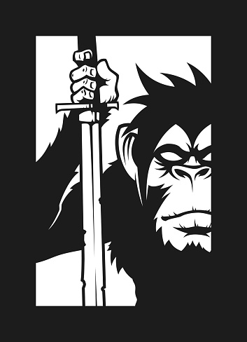 Stylized silhouette of monkey or gorilla holding a sword - cut out icon, character or mascot in a frame