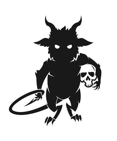 Cut out silhouette of a devil with horns and tail holding a skull under his arm - cartoon icon, character or mascot