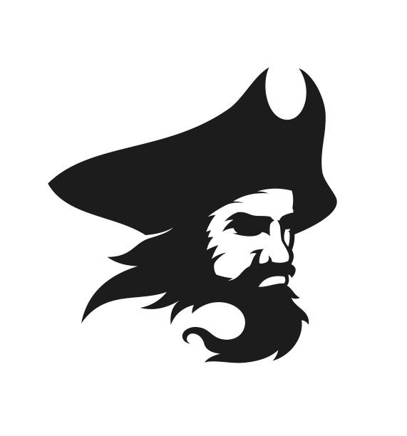 Pirate head  cut out vector silhouette. Pirate with mustache and beard wearing a cocked hat Stylized head of a formidable pirate in triangular hat - cut out vector silhouette pirate criminal stock illustrations