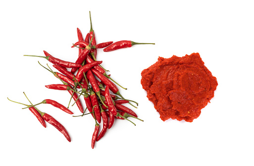 Hot Chili Paste Isolated. Spicy Gochujang, Red Chilli Pepper Sauce, Harissa Puree, Sambal, Chili Dip on White Background
