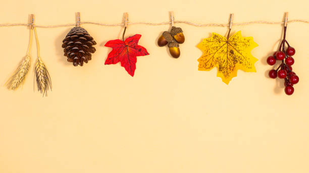 istock Autumn decorations hanged on rope on beige background. Fall minimal concept. Creative copy space. 1415040971