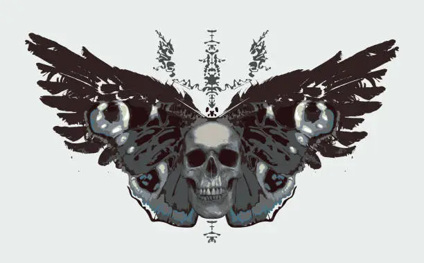 Vector illustration of black angel vector collage of human skull, peacock butterfly