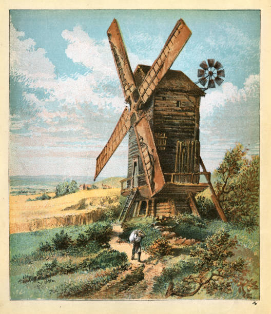 Vintage illustration Miller carrying sack of flour from traditional windmill, wheat fields, Victorian agriculture 19th Century