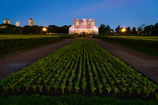 Nighttime view of the greenhouse in Botanical garden of Curitiba, Brazil
