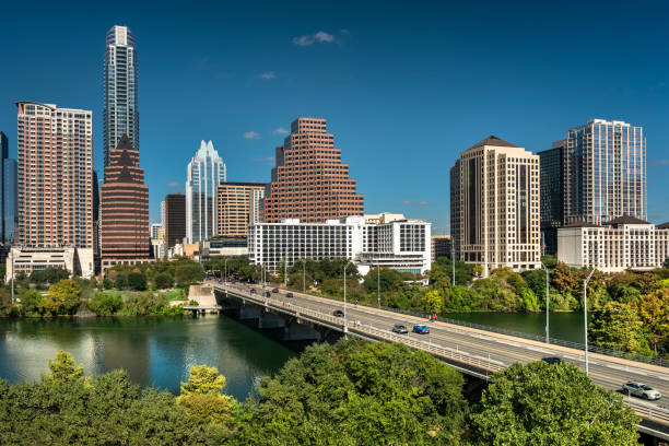 City skyline view over the Colorado river in downtown Austin Texas USA stock photo