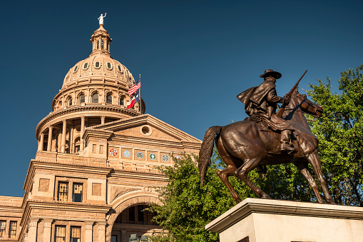 Architectural detail of the Texas State Capitol building in downtown Austin USA