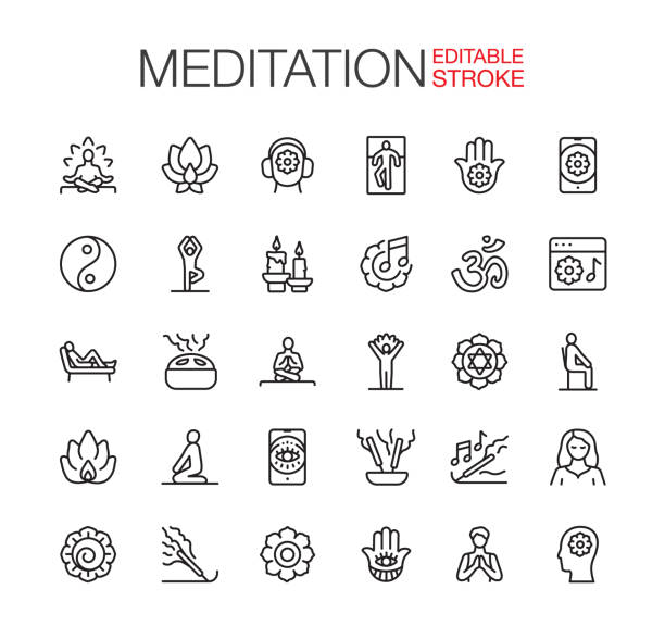 набор значков медитации редактируемый штрих - chakra yoga lotus meditating stock illustrations