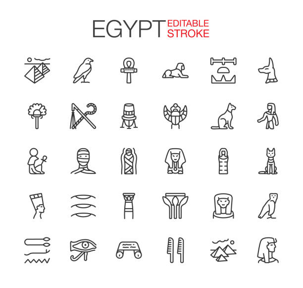 ilustraciones, imágenes clip art, dibujos animados e iconos de stock de iconos de egipto establecer trazo editable - egypt