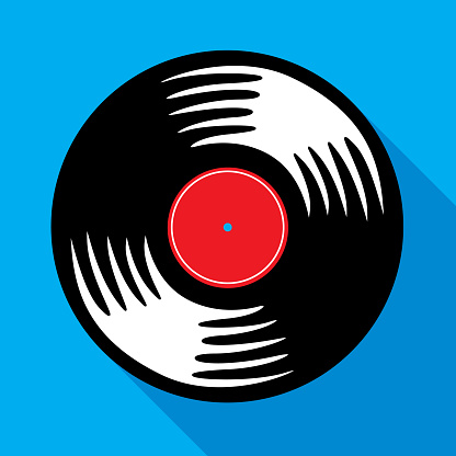 Vector illustration of a stylized vinyl record on a blue square background.