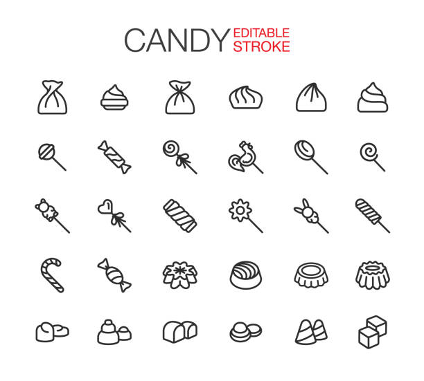 ilustraciones, imágenes clip art, dibujos animados e iconos de stock de iconos de caramelos establecer trazo editable - caramelo