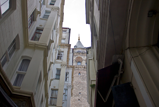 Galata Tower in Istanbul, view from the narrow street