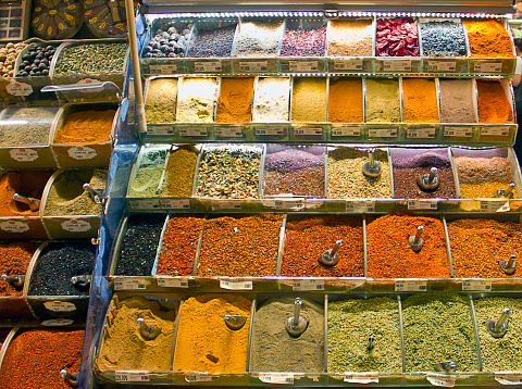 Various of tea and spice view in Mısır Çarşısı - Egyptian Spice Bazaar Istanbul, famous for jewelery, spice, leather and Turkish carpet shopping.