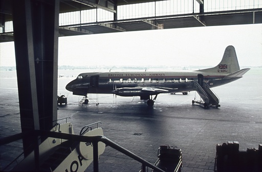 Berlin (West), Germany, 1956. Machine of the British European Airlines in the hangar of the former Tempelhof Airport.