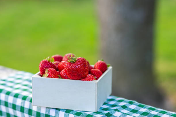 Colorful berries in a wooden box in summer, strawberries,  healthy food