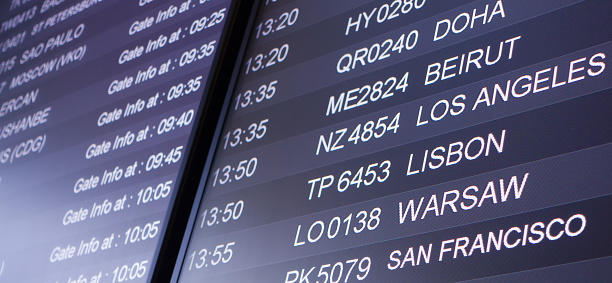 Display at the international airport with the names of flights and cities