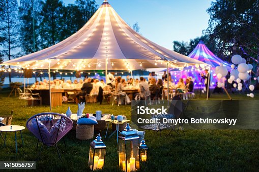 istock Colorful wedding tents at night 1415056757