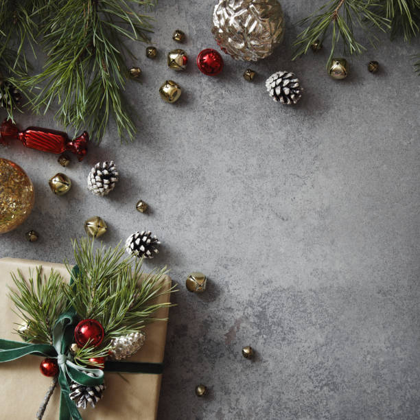 Christmas present and ornaments, high angle view